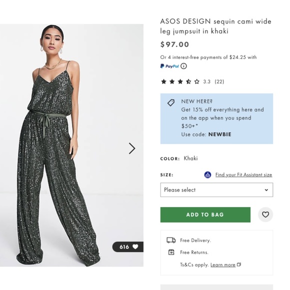 ASOS DESIGN sequin cami wide leg jumpsuit in khaki  Size 12 NWT - Picture 1 of 7